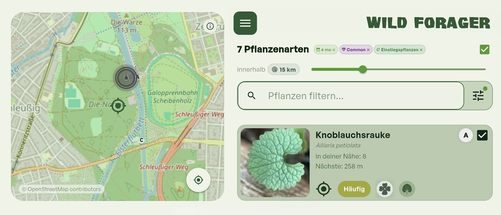 Wild Forager in der Queransicht mit Karte und Liste naher Pflanzen