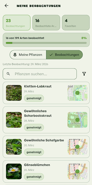 Beobachtungsansicht mit gespeicherten Beobachtungen, Favoriten und Notizen