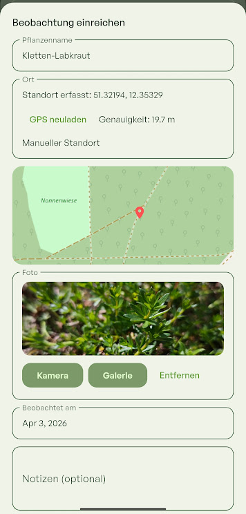 Formular zum Speichern einer Beobachtung mit Ort, Foto und Notizen